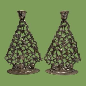 Vintage Enesco Silver Plated Christmas Tree Candle Holders Filigree-style Retro